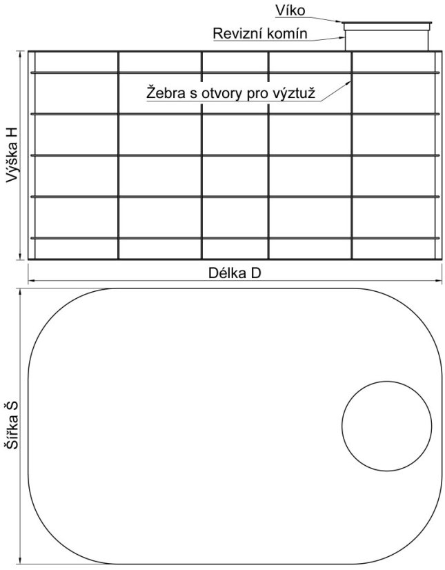 Hranatá nádrž s kulatými rohy - Výška nádrže: 1 500 mm, Velikost nádrže: 5000x3000 mm